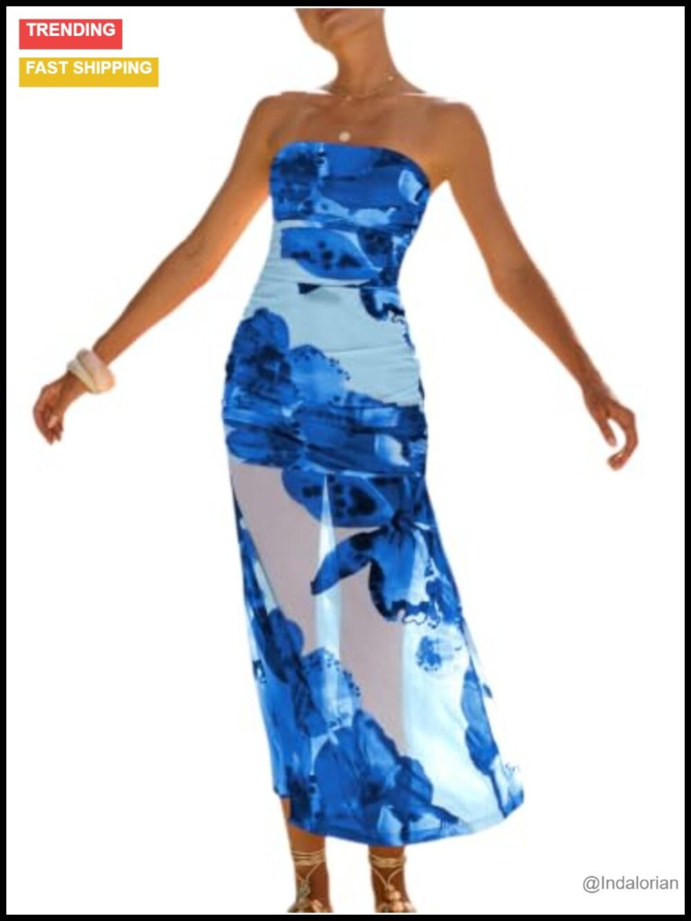 Boho Floral Strapless Ruched Bodycon Midi Dress Polyester Spandex